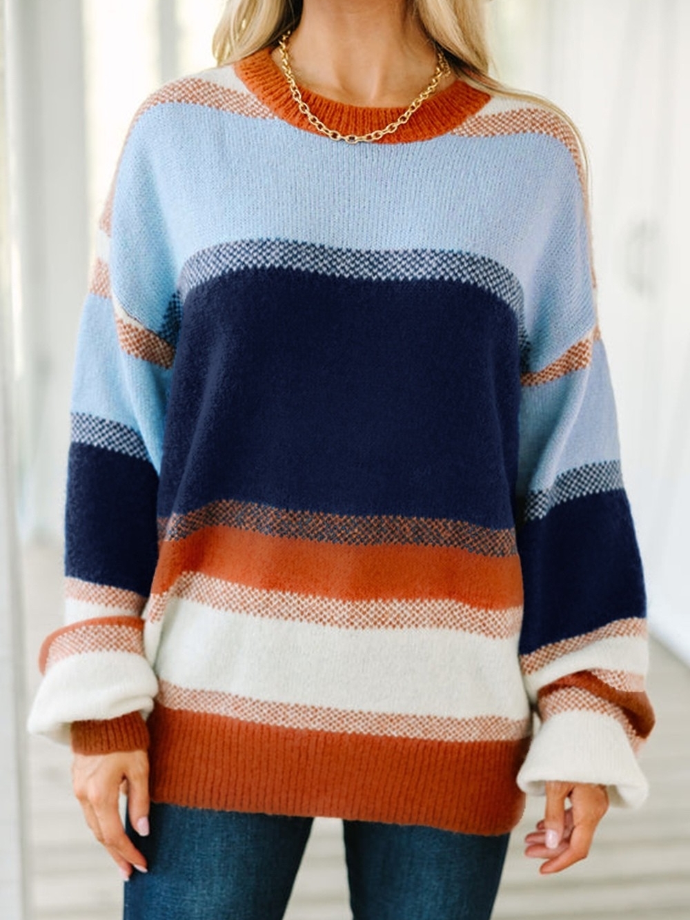 Striped Crewneck Sweater in Light Blue, Navy & Rust